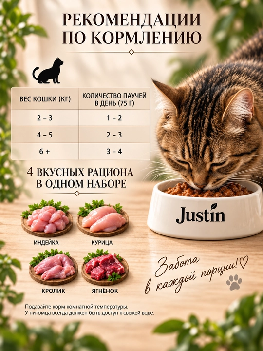 Justin mushuklar uchun nam yem assorti 4 ta ta’m 75 gr 28 dona