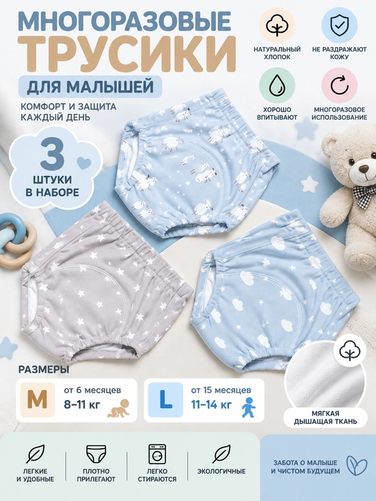 Многоразовые подгузники-трусики для малышей 3 шт - 