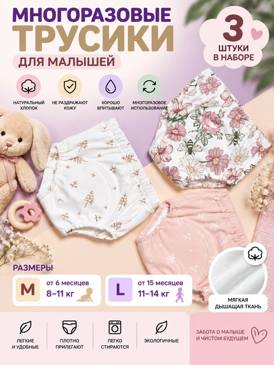 Chaqaloqlar uchun ko‘p martalik taglik-trusiklar 3 ta - 