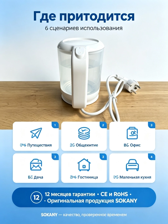 SOKANY SK-09004 elektr choynak quvvati 0,5 l 900 Vt, stakanli, avtomatik o'chirish