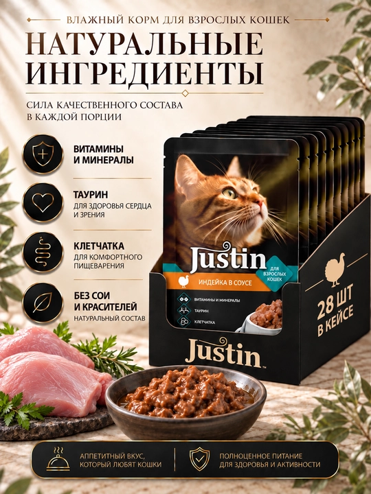 Justin mushuklar uchun nam yem, sousli kurka, 75 gr 28 dona