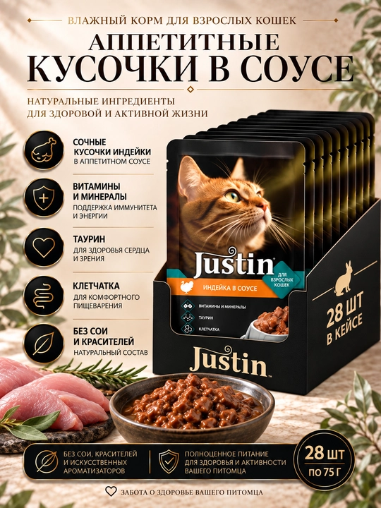 Justin mushuklar uchun nam yem, sousli kurka, 75 gr 28 dona