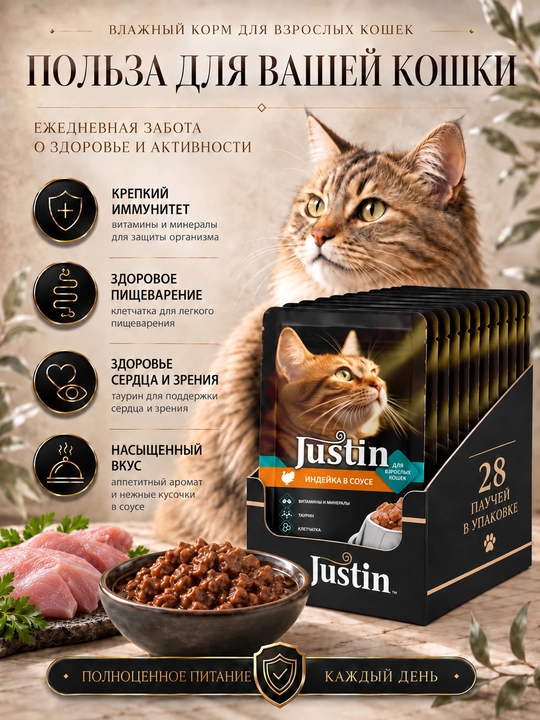 Justin mushuklar uchun nam yem, sousli kurka, 75 gr 28 dona