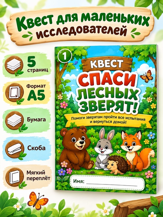 Bolalar uchun «O‘rmon hayvonlarini qutqar» kvesti — rivojlantiruvchi kitobcha, A5 - 