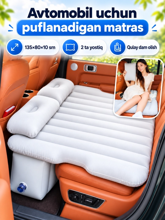Matras avtomobil uchun shishiriladigan, 2 ta yostiqli, sayohat va dam olish uchun qulay