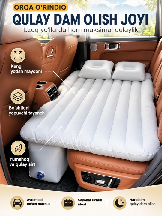 Matras avtomobil uchun shishiriladigan, 2 ta yostiqli, sayohat va dam olish uchun qulay - 