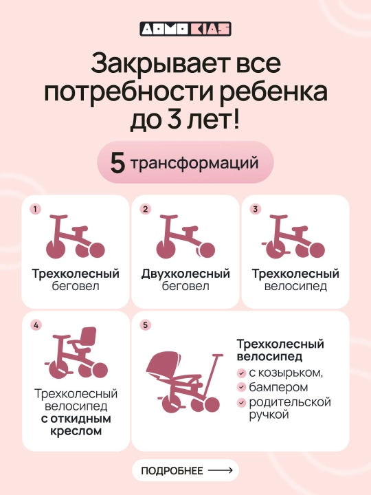 Детский велосипед 5 в 1  , складной трехколесный велосипед-трансформер, до 30 кг