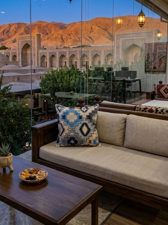 Dekorativ yostiq ikat etnik naqsh 40x40 sm kuk tilla jigarrang divan mehmonxona ofis