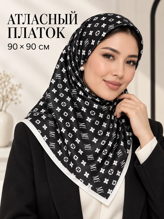 Ayollar uchun atlas ro‘mol 90×90 sm, geometrik naqshli, bosh va bo‘yin uchun