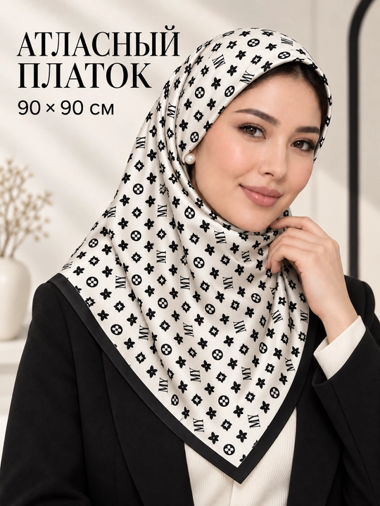 Ayollar uchun atlas ro‘mol 90×90 sm, geometrik naqshli, bosh va bo‘yin uchun