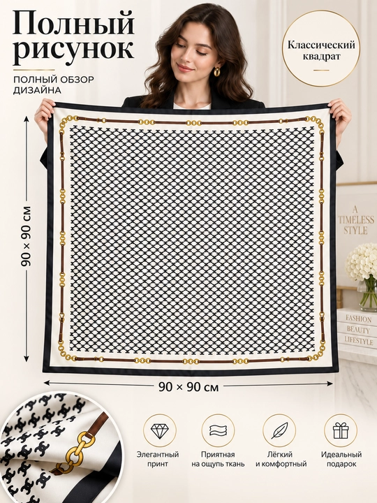Ayollar uchun atlas ro‘mol 90×90 sm, geometrik naqshli, bosh va bo‘yin uchun
