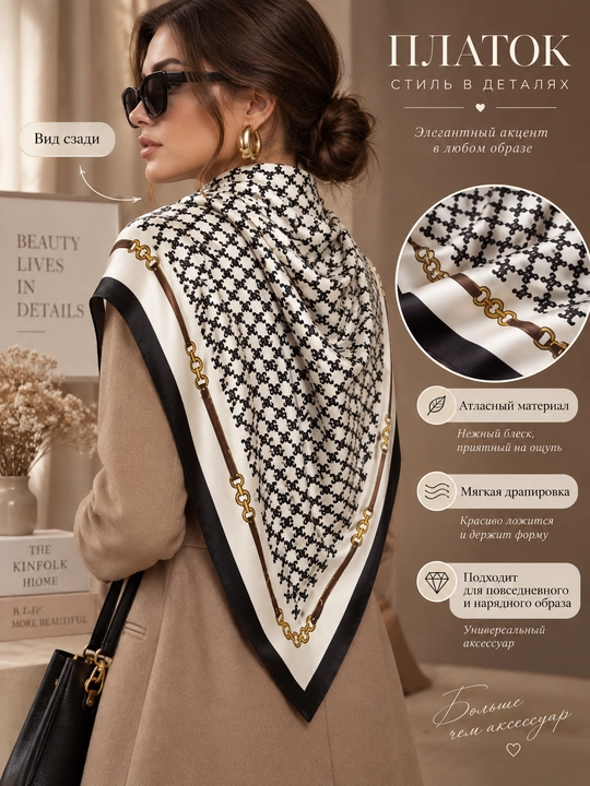 Ayollar uchun atlas ro‘mol 90×90 sm, geometrik naqshli, bosh va bo‘yin uchun