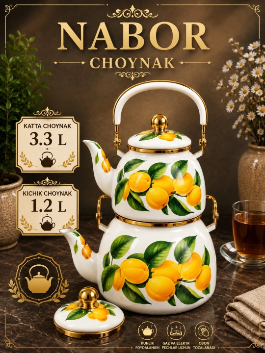 Emallangan choynak nabori 3.3 L 1.2 L qopqoqli choynaklar to‘plami - 