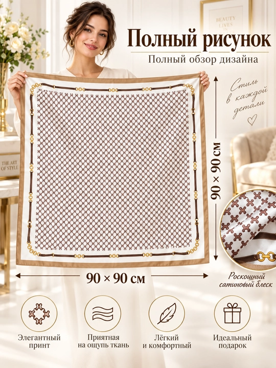 Ayollar uchun atlas ro‘mol 90×90 sm, geometrik naqshli, bosh va bo‘yin uchun