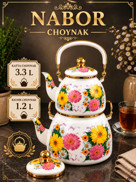 Emallangan choynak nabori 3.3 L 1.2 L qopqoqli choynaklar to‘plami - 