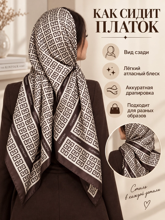 Ayollar uchun atlas ro‘mol 90×90 sm, geometrik naqshli, bosh va bo‘yin uchun
