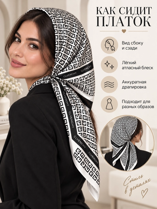 Ayollar uchun atlas ro‘mol 90×90 sm, geometrik naqshli, bosh va bo‘yin uchun - 