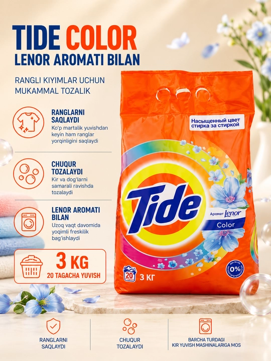 Tide Color kir yuvish kukuni "Lenor" ifori bilan, avtomat, 3 kg, rangli kiyimlar uchun