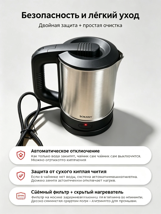 Elektr choynak SOKANY SK-09023, zanglamaydigan po'latdan 0,6 l, 600 Vt, simsiz 360°