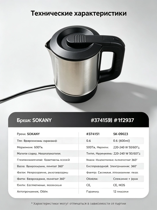 Elektr choynak SOKANY SK-09023, zanglamaydigan po'latdan 0,6 l, 600 Vt, simsiz 360°