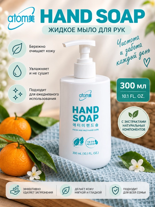 Atomy Hand Soap qo‘l sovuni, yumshoq tozalash va o‘simlik ekstraktlari bilan, 300 ml hajmi - 