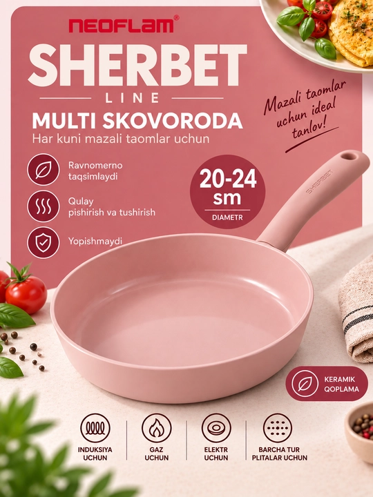 Neoflam tovalar, keramik qoplamali, quyma alyuminiy, induksion, skavarodka, skavaroda - 