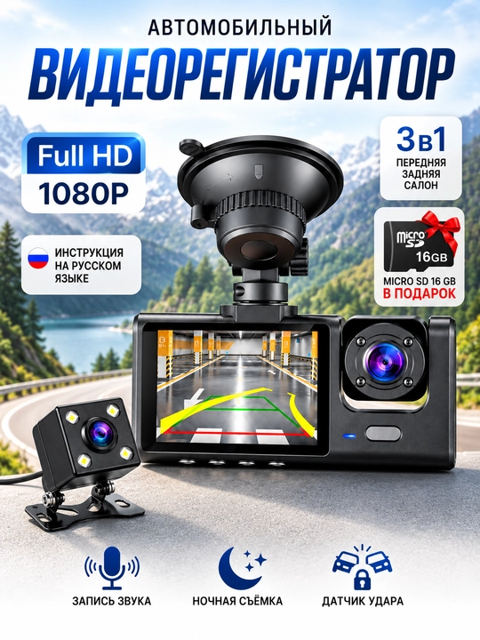 3 kamerali videoregistrator, G-sensor, zarba datchigi bilan jihozlangan - 