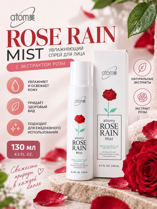 Atomy Rose Rain tana uchun nafis atirgul aromatli mist, 120 ml, yoqimli parfyumerik spreyi - 