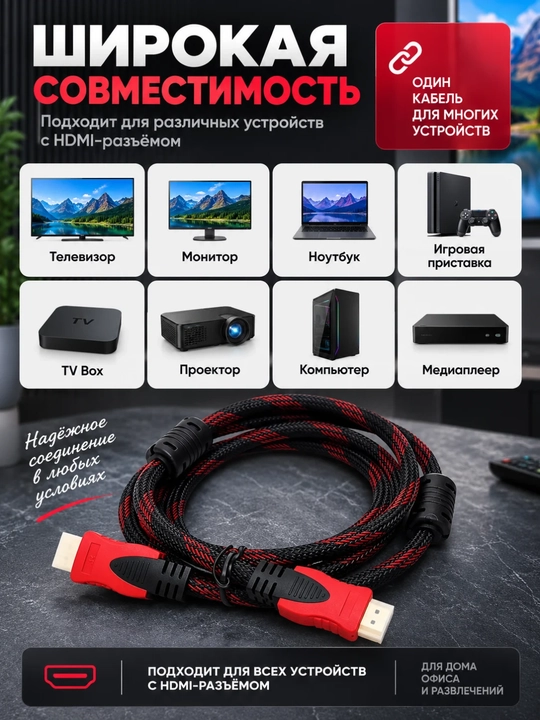 HDMI кабель 4K — плетёная оплётка, для телевизора и монитора