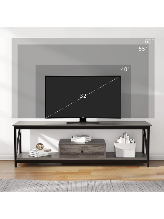 60" TV uchun tumba, kulrang eman, tortma va tokchali