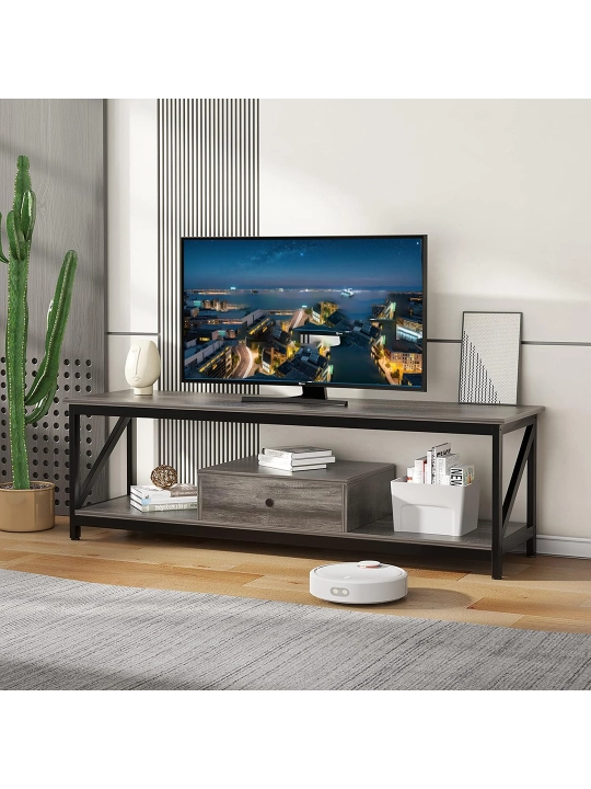 60" TV uchun tumba, kulrang eman, tortma va tokchali