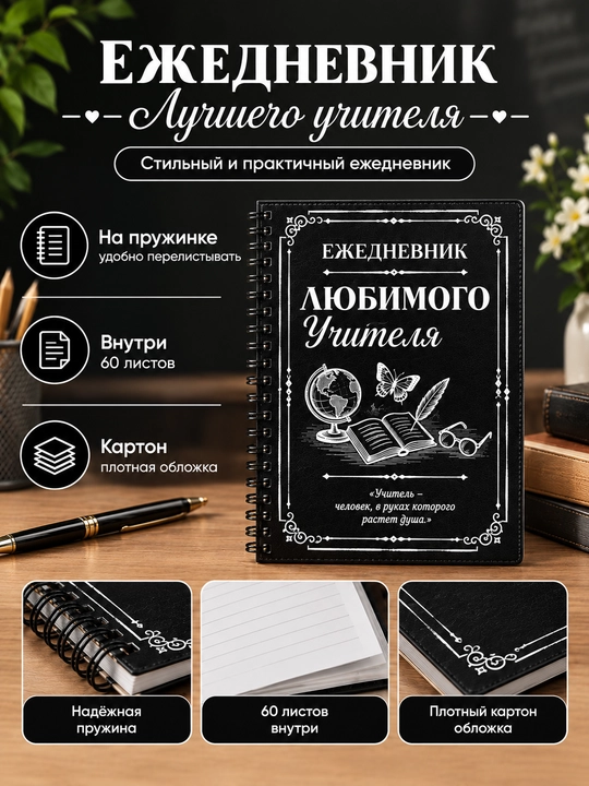 «Eng yaxshi o‘qituvchi» kundaligi, prujinali, 60 varaq, karton - 