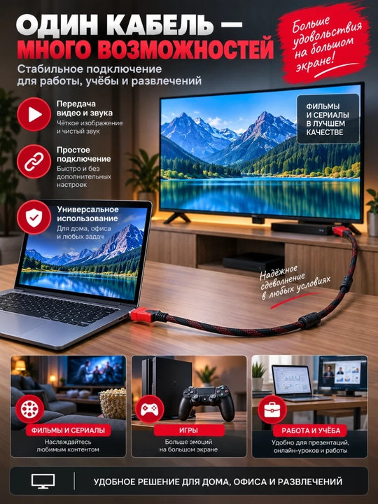 HDMI кабель 4K — плетёная оплётка, для телевизора и монитора