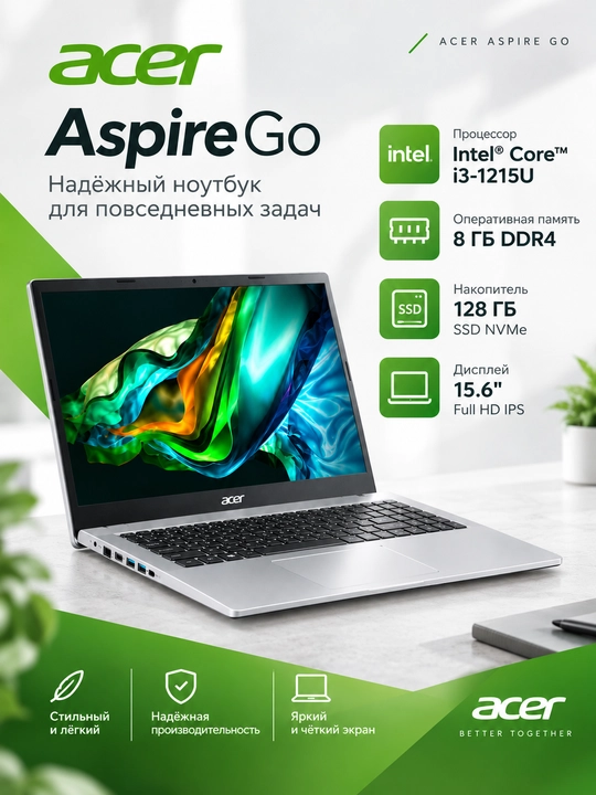Noutbuk Acer Aspire 3, Intel Core i3-1215U, 8 GB RAM, SSD 128 GB NVMe - 