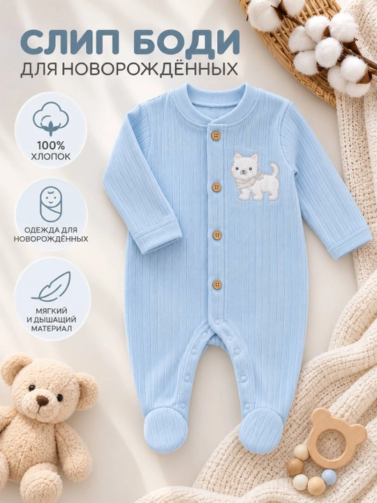 Утеплённый слип для новорождённых, 100% хлопок — 0–9 месяцев - 