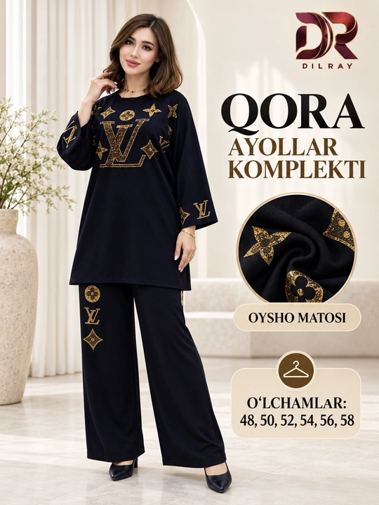 Ayollar dvoykasi, tunika va keng shim, oysho mato, 48–58, qora va to‘q jigarrang