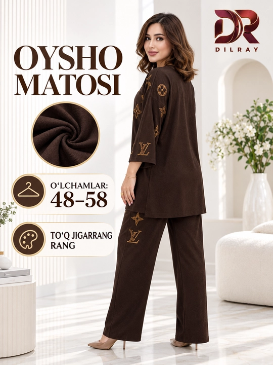 Ayollar dvoykasi, tunika va keng shim, oysho mato, 48–58, qora va to‘q jigarrang