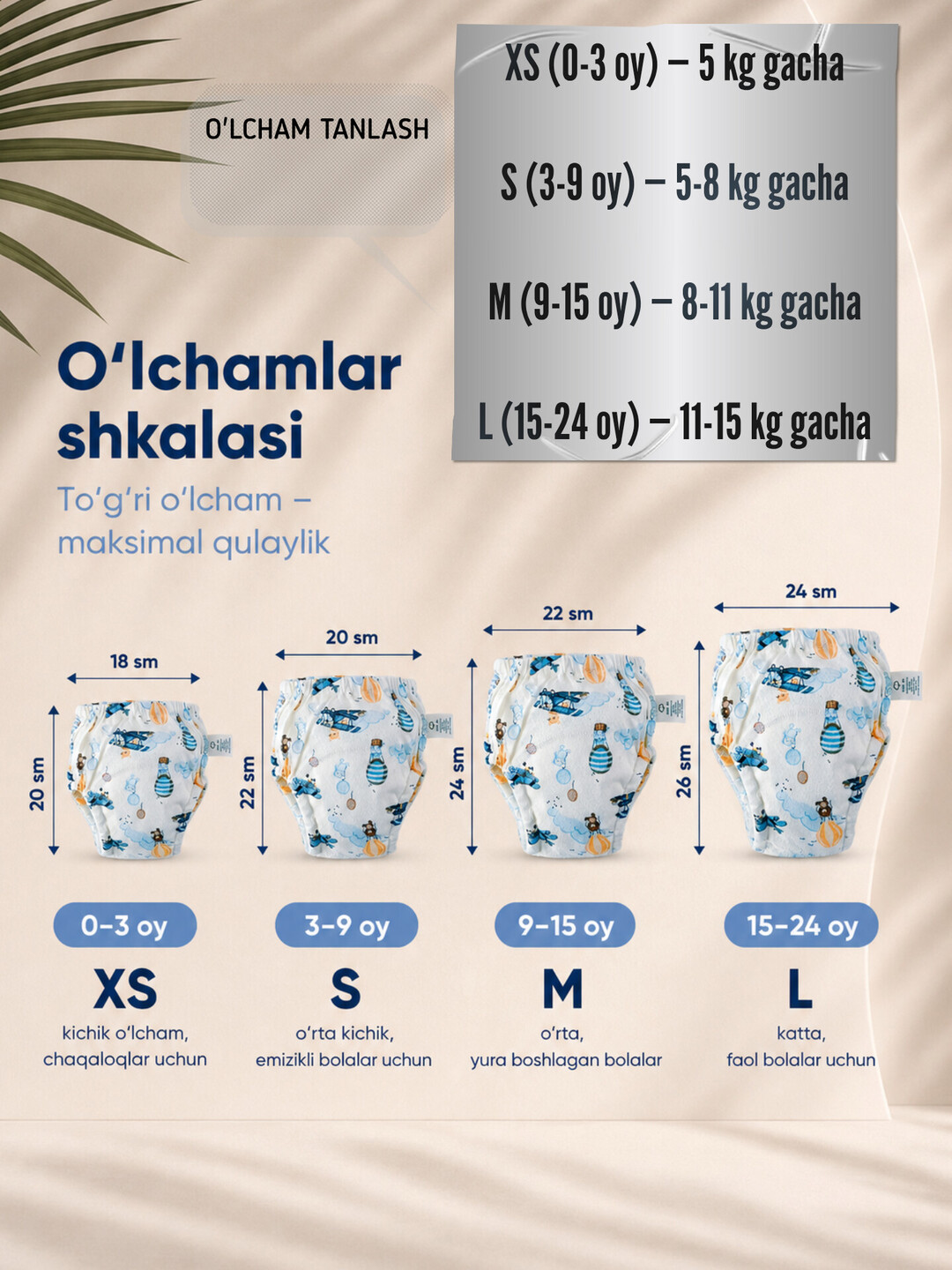 O‘g‘il va qiz bolalar uchun ko‘p marta ishlatiladigan tagliklar va trusik-tagliklar