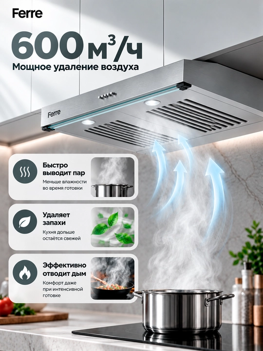 Ferre 601 Tablet oshxona dudburoni, ikkita dvigatel va 600 m3 yuqori so‘rish tezligiga ega
