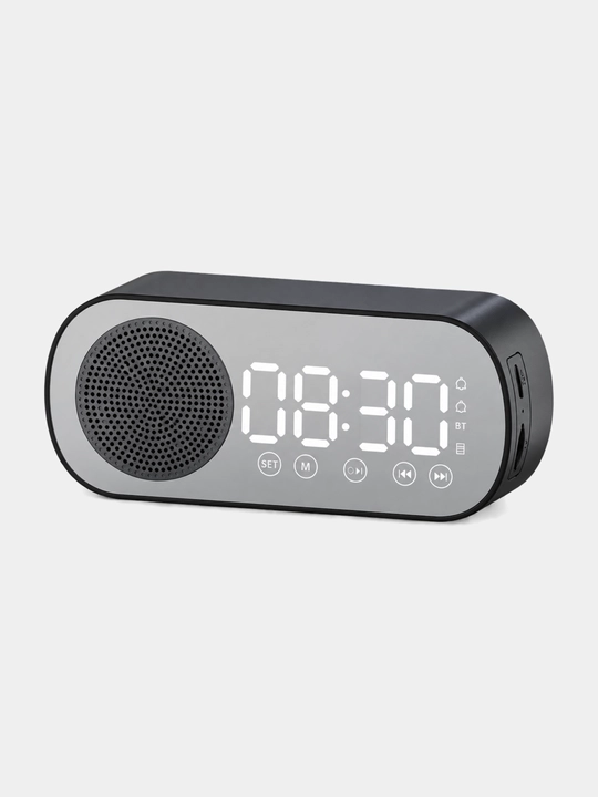 Bluetooth kolonka-budilnik, raqamli soat, FM-radio, TF-karta, qora va oq rang