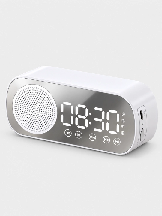 Bluetooth kolonka-budilnik, raqamli soat, FM-radio, TF-karta, qora va oq rang