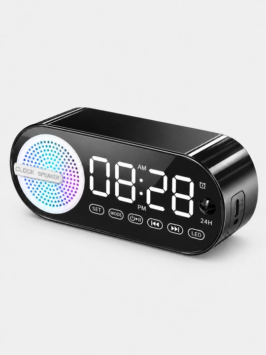 Bluetooth kolonka-budilnik, raqamli soat, FM-radio, TF-karta, qora va oq rang