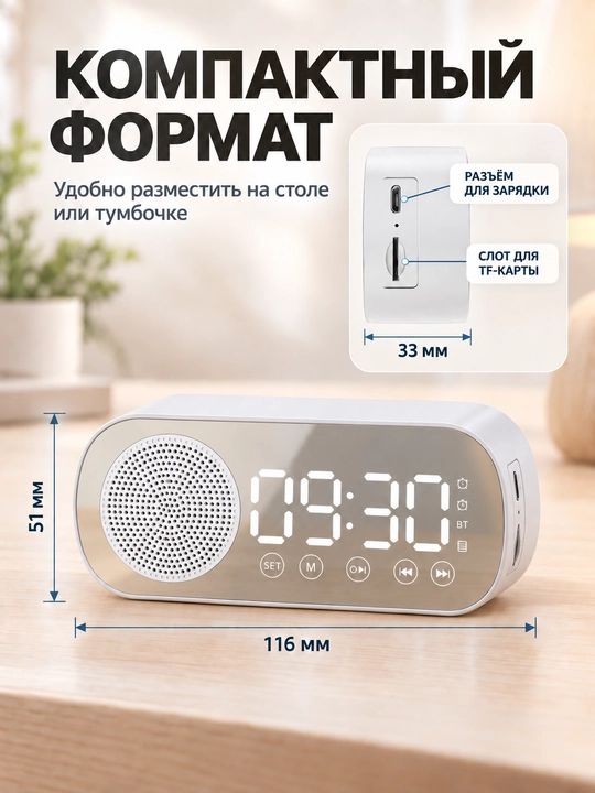 Bluetooth kolonka-budilnik, raqamli soat, FM-radio, TF-karta, qora va oq rang
