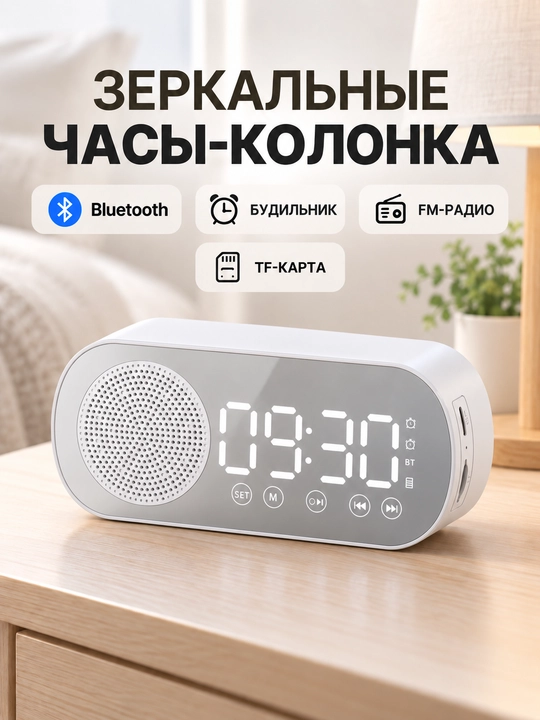Bluetooth kolonka-budilnik, raqamli soat, FM-radio, TF-karta, qora va oq rang