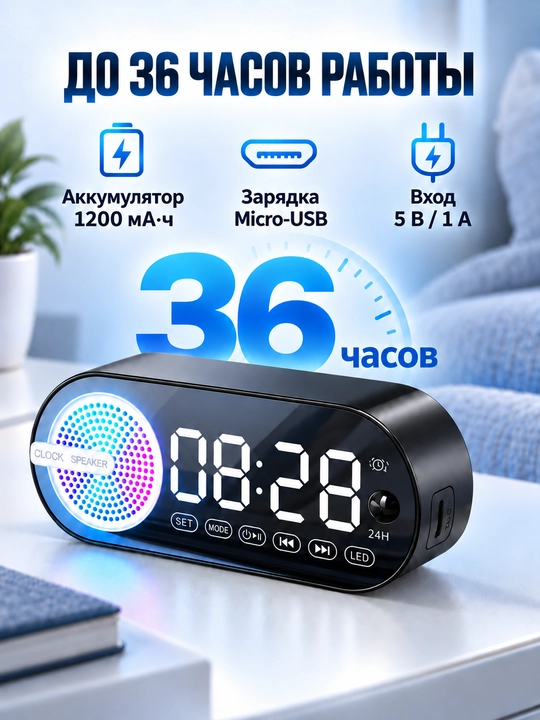 Bluetooth kolonka-budilnik, raqamli soat, FM-radio, TF-karta, qora va oq rang