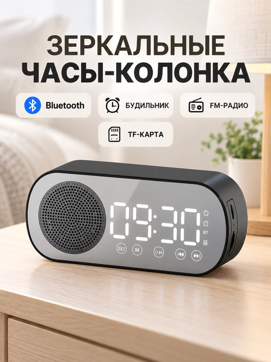 Bluetooth kolonka-budilnik, raqamli soat, FM-radio, TF-karta, qora va oq rang