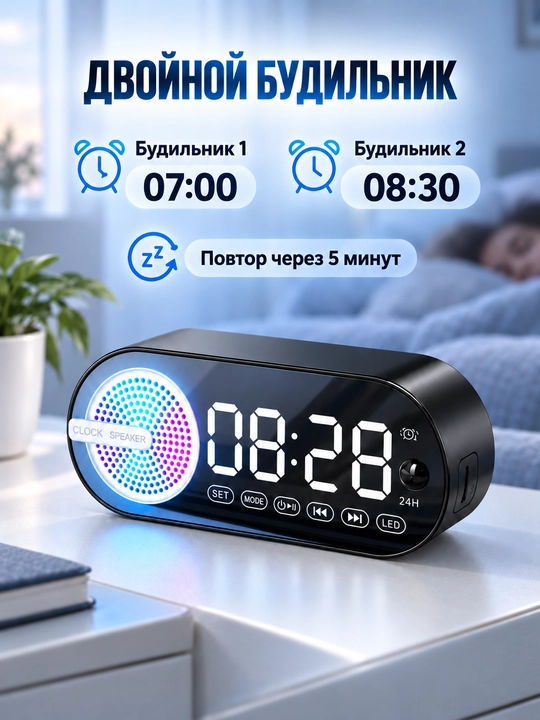 Bluetooth kolonka-budilnik, raqamli soat, FM-radio, TF-karta, qora va oq rang