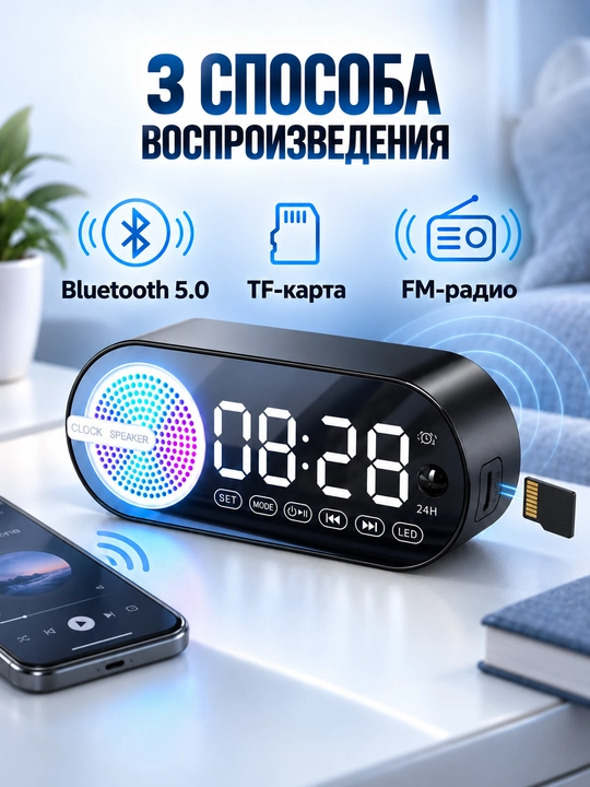 Bluetooth kolonka-budilnik, raqamli soat, FM-radio, TF-karta, qora va oq rang