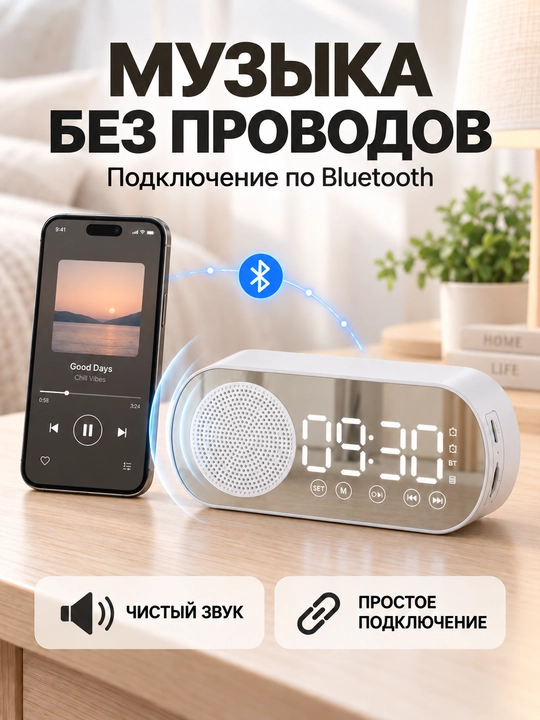 Bluetooth kolonka-budilnik, raqamli soat, FM-radio, TF-karta, qora va oq rang