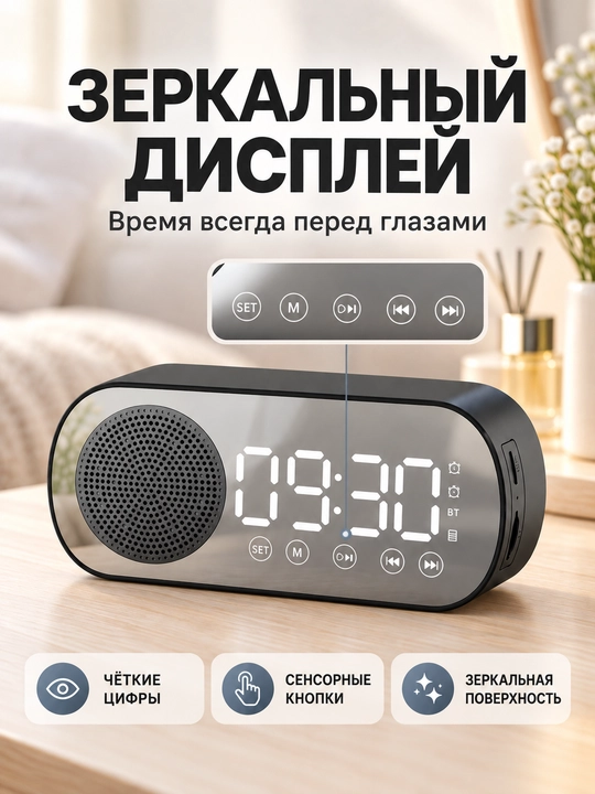 Bluetooth kolonka-budilnik, raqamli soat, FM-radio, TF-karta, qora va oq rang - 